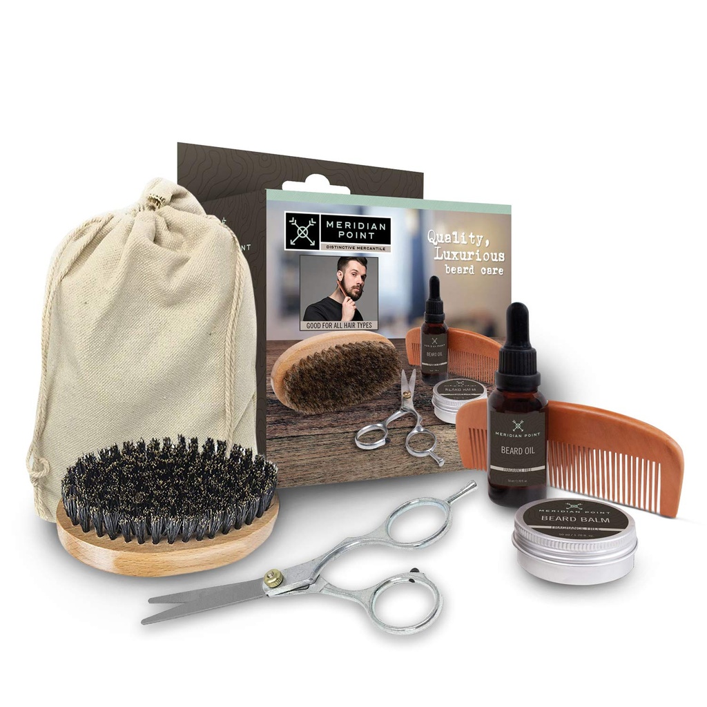 Skägg Grooming Kit För Män Skäggvård Kit Inkluderar Tillbehör - Unscented Natural Beard Balm och Oil, Wooden Comb och Boar Bristles Brush, Rostfritt stål Scissors