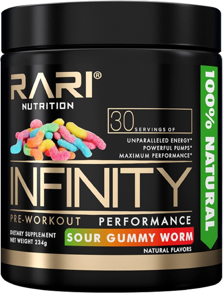 INFINFINITY - 100% Natural Preworkout Powder for Energy, Focus, and Performance - Miehet ja naiset - Vegan ja Keto Friendly - Ei Creatiini - 30 Palvelee (Sour Gummy Worm)