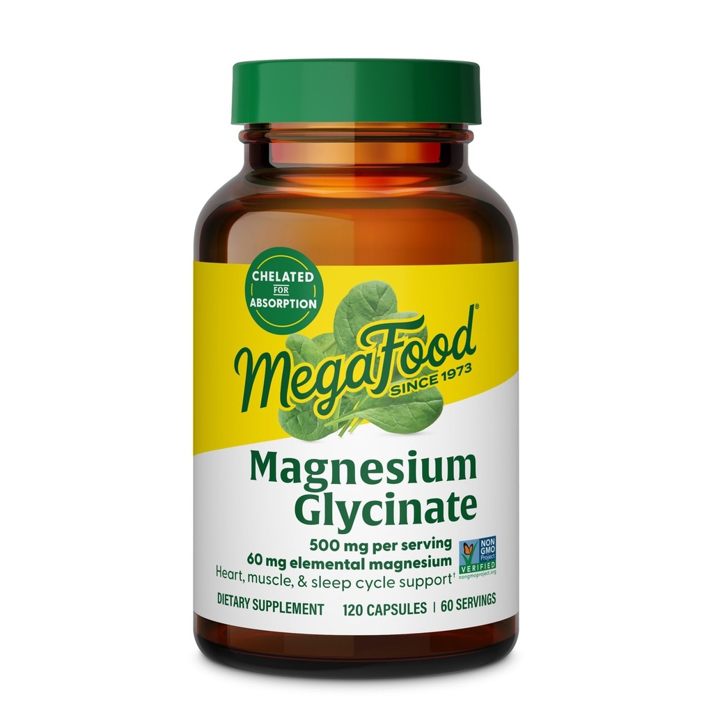 MegaFood Magnesium Glycinate 500mg - kelated magnesium Supplement - 60mg Elemental Magnesium - Hellävarainen vatsassa - tukee normaalia uni sykli & terve stressi vaste - 120 kapselia 60 tarjoilua