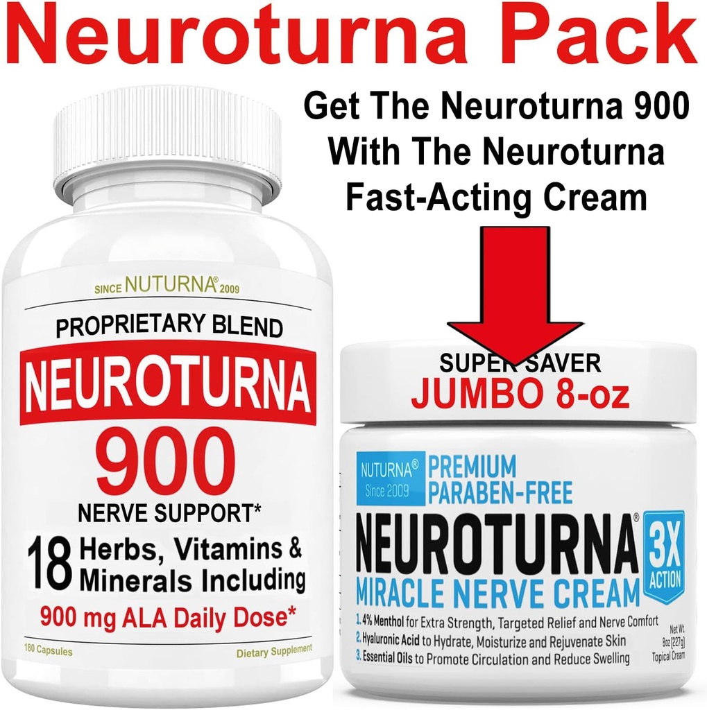Nerve Relief Cream 8 oz Plus Neuroturna Nerve Support 900 mg ALA