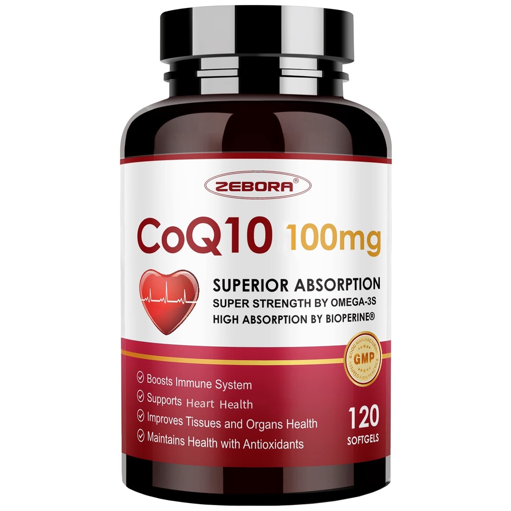 ZEBORA CoQ10-100mg-Softgels with PQQ, BioPerine & Omega-3, High Absorption Coenzyme Q10 Supplement, Powerful Antioxidantti, Support Heart & Energy-Production 120 Servings, non-GMO