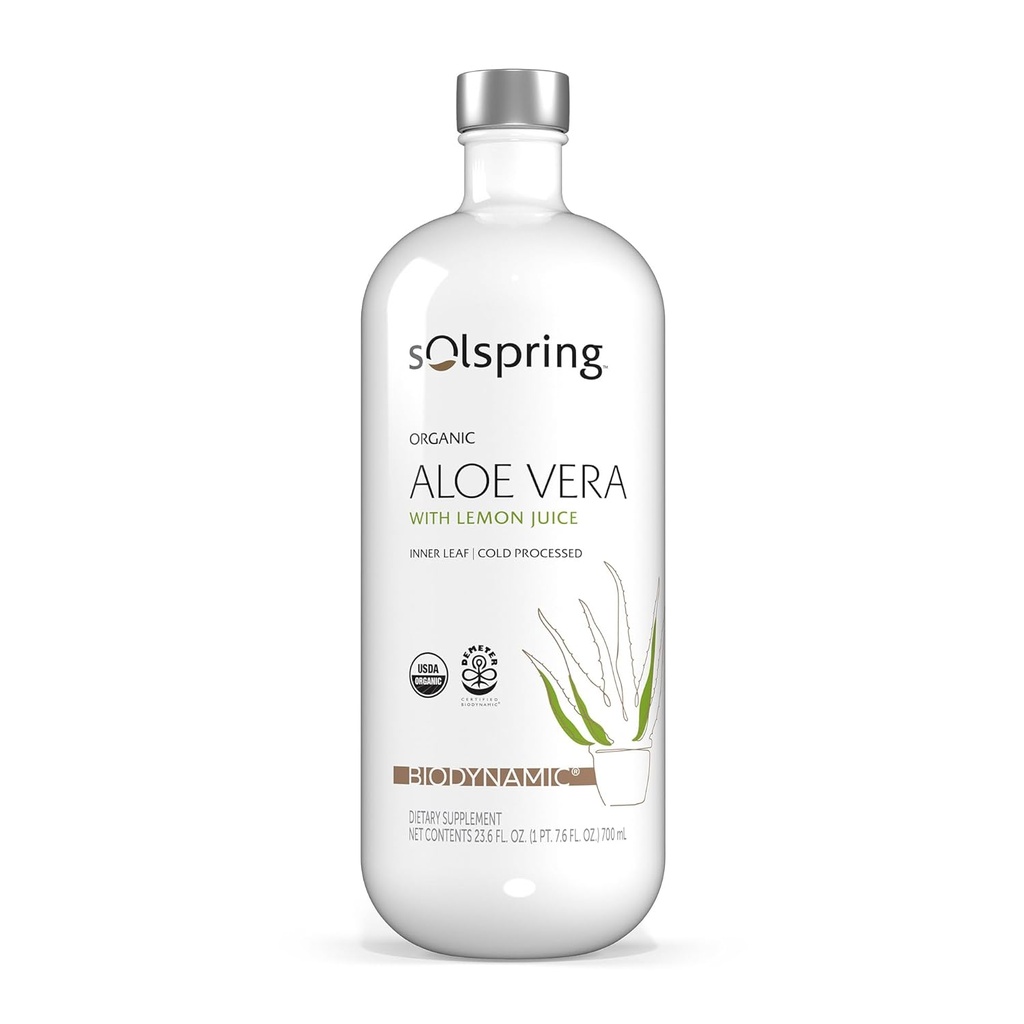 Solspring Biodynamic Organic Aloe Vera Juice with Lemon, 23,6 Fl. Oz. (700 ml), pastöroimaton, Certified USDA Organic, Regenerative, Non-GMO, Gluten Free, Soy Free, Dr. Mercola