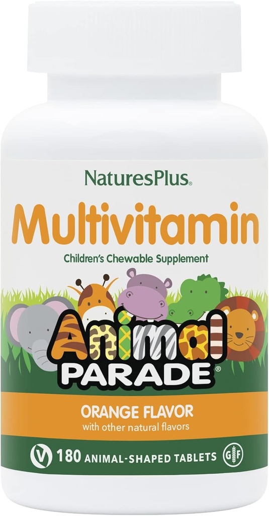 Natures Plus Animal Parade Lasten pureskeltava monivitamiini - Orange Flavor - 180 Animal-muokattua tablettia - edistää terveyttä ja hyvinvointia - kasvissyöjä, Gluteeniton - 90 Tarjoilu