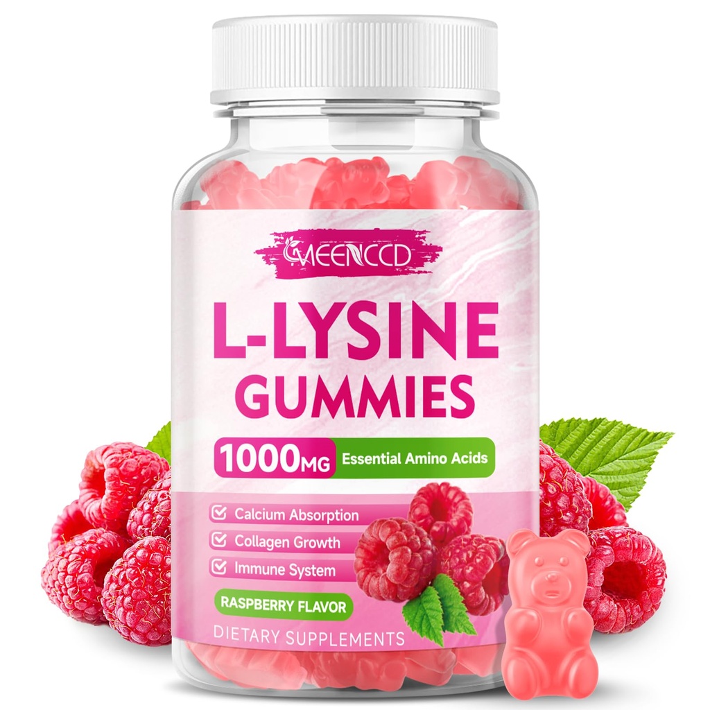 L-Lysine 1000 mg Gummies, Lysiinilisä aikuisille ja lapsille, Essential Amino Acid Supplement for Lips & Oral Health, Boost Immuuni & Collagen & Kalsium, Sokeriton, Vadelma maku, 60