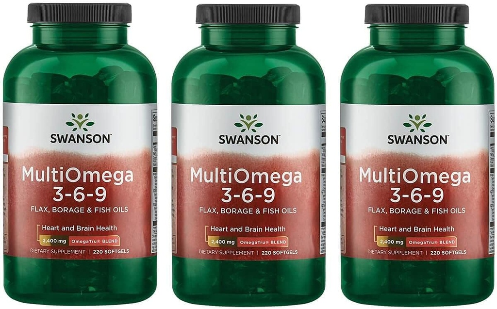 Swanson MultiOmega 3-6-9 - Ei-GMF-pellavaöljy, bourage Oil, '&' Fish Oil Kapselit - Olennaiset rasvahapot tukevat sydän- ja verisuoniterveys "&" aivojen terveys - (220 Softgels, 2400 mg Serving) 3 pulloa