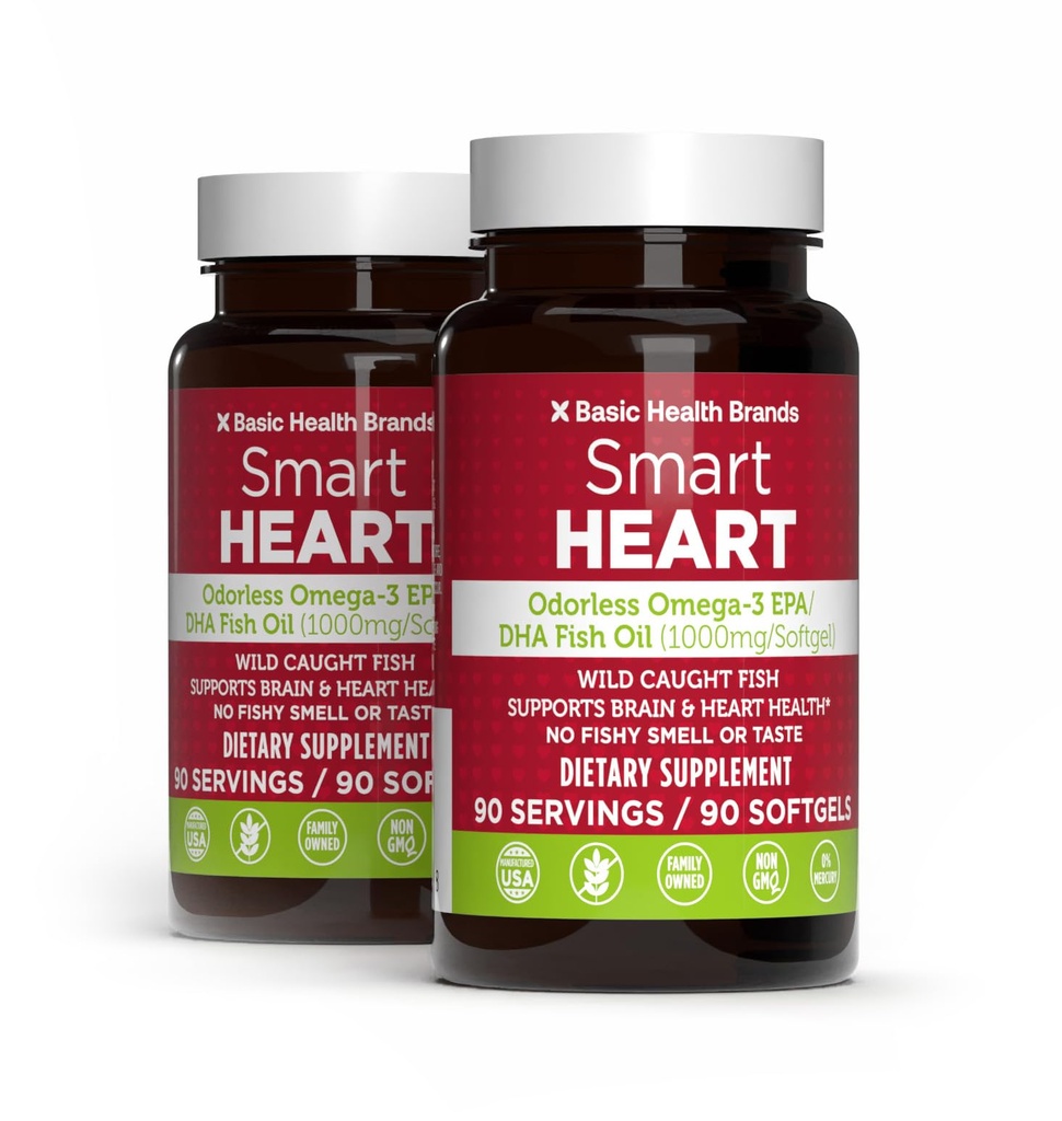 Perusmerkit Smart Heart Odorless Omega-3 Fish Oil 1000mg - Triple Strength EPA & DHA, Ei-GMO, Heart & Cognitive Support - 90 Burpless Softgels - 2-pakkaus