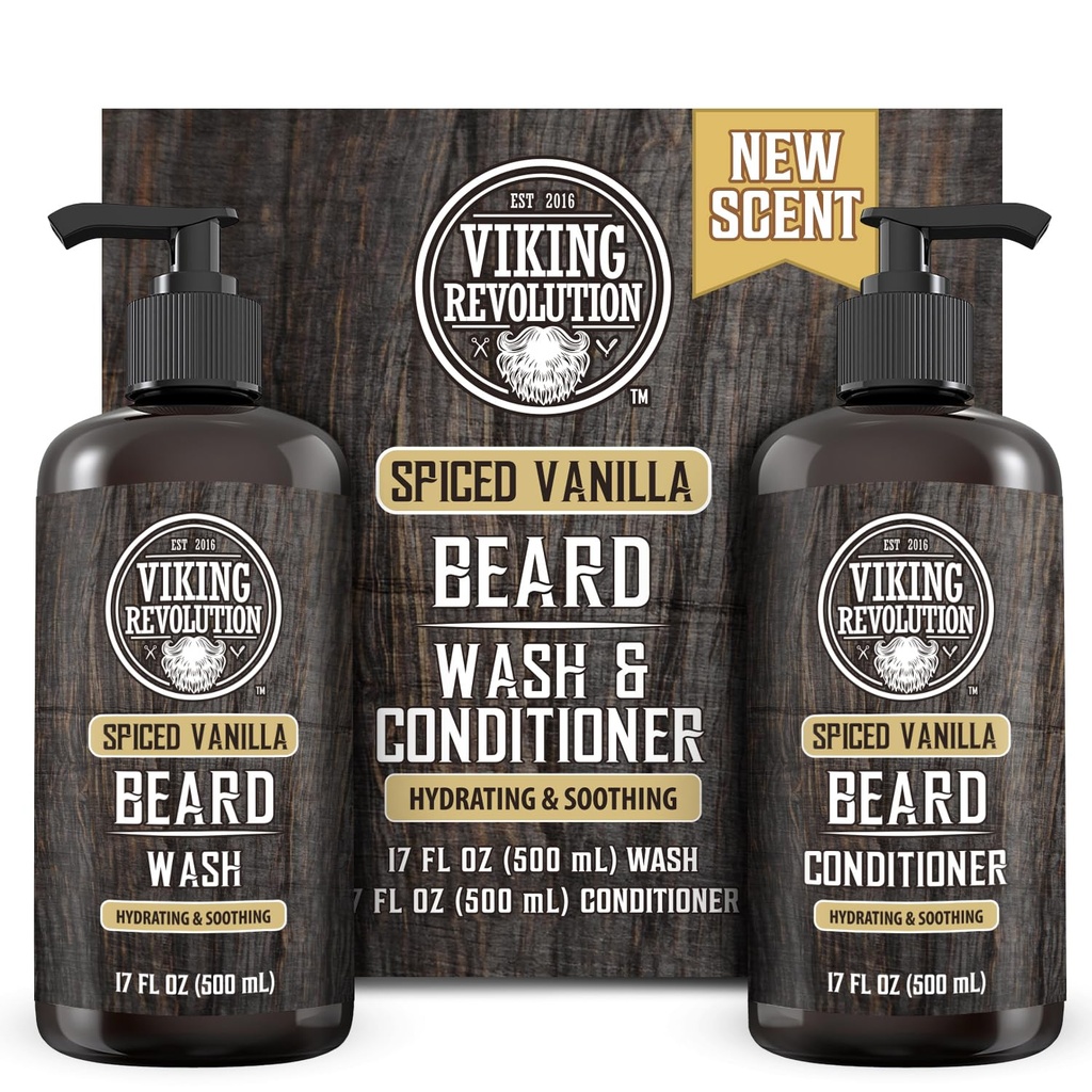 Viking Revolution Parta Pesu- ja Partahoitoaine miehille Argan Oil ja Jojoba Oil - Parta Pehmentäjä ja vahvistaa Parta hoito Parta Shampoo ja hoitoaine partaöljy (17oz Maustettu vanilja)