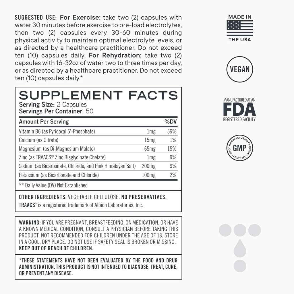 Elektrolyyttikapselit, matala karb Natural Replacement Suolat magnesiumilla, sinkillä, kalsiumilla ja natriumilla (100ct)