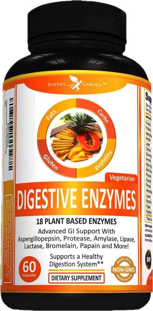 Potent Garden Dgestive Enzymes -18 Plant Based Enzymes amylaasi lipaasi bromelaiini Proteaasi laktaasi & muut entsyymit - One Pre Ateria pilleri tukee terveellistä digestiota & ravinteiden imeytymistä 60 Caps
