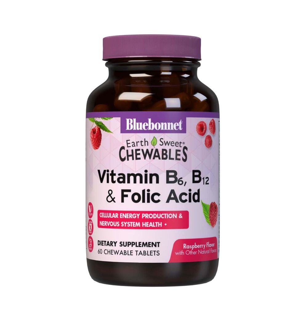 Bluebonnet Nutrition Earth Makea B6-vitamiini, B12-vitamiini, Plus Foolihappo Purutabletti, kasvissyöjä, gluteeniton, soijaton, maitoton, Kosher, 60 purutablettia, vadelmamamaahto