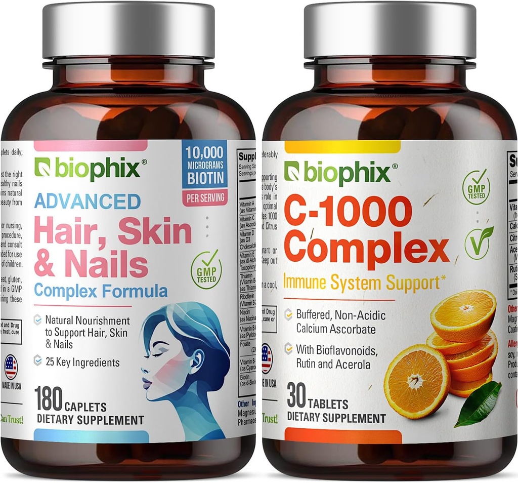 Hårskinn och naglar Komplex 180 Caplets med 10000 mcg Biotin - Gratis Vitamin C-1000 30 tabletter - Multivitamin stöder starka naglar vackert hår hälsosamt åldrande