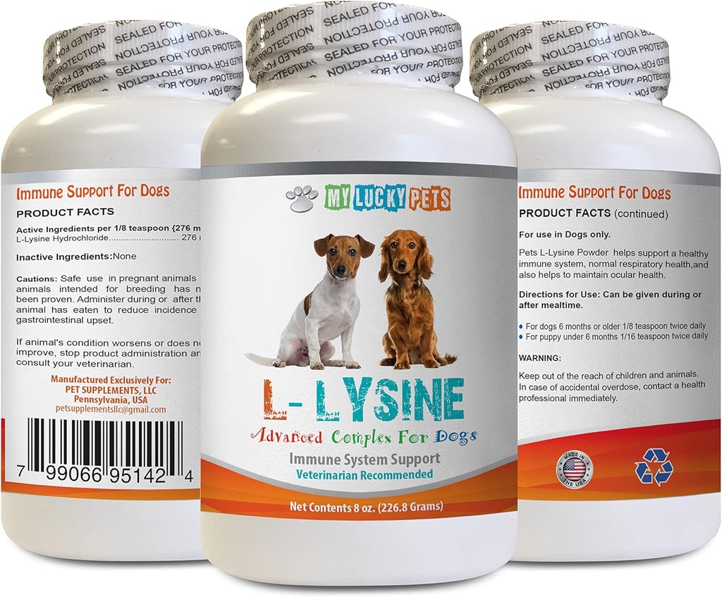 Hund Amino Supplements - Dog LYSINE Powder - Pure Powder Form - Immune System Support - Vet Rekommenderad - Lysinhundar - 1 flaska (8oz 226,8 gram)