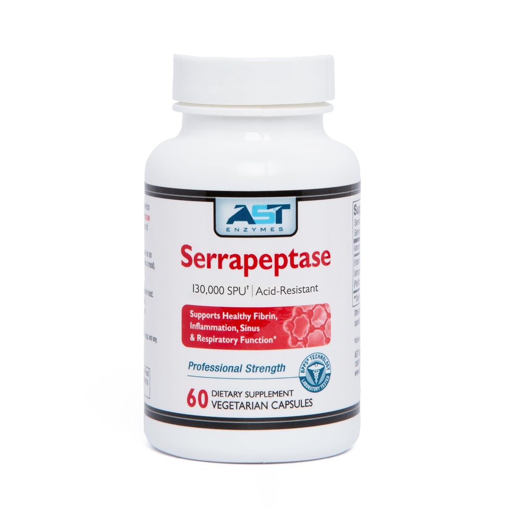 AST Enzymes Serrapeptase 130.000 SPU - 60 vegetariska kapslar - Premium Natural Systemic Enzymes - sur-resistent serrapeptase