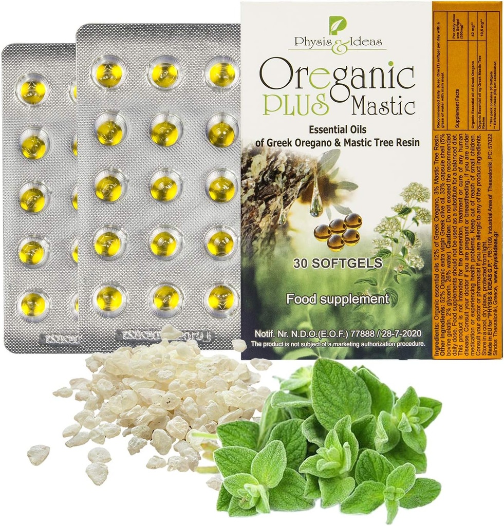 Oreganic Plus Mastic - Oregano Essential Oil Kapselit & Chios Mastic Gum Oil - Wild Oregano Oil Kapselit Organic - Immuuni Booster ja suolisto tuki - ei-GMO - 30 Count Läpipainopakkaus