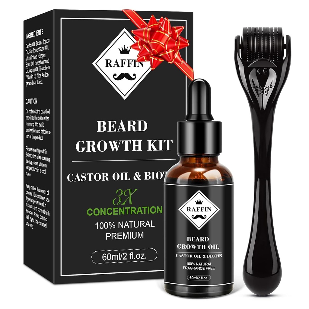 RAFFIN Parrankasvupakkaus, päivitetty parrankasvuöljy (2Oz) w/Enimmäinen paksuus Biotin & Castor Oil for Spot/Patchy Beard, Saavuttaa Fuller, Thicker & Healthier Beards, Lahjat hänelle poikaystävä aviomies isä