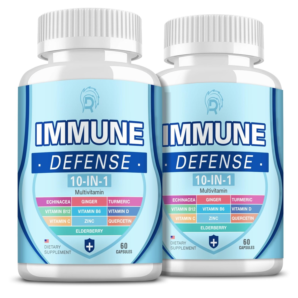 Immunosupport Supplement, 10-in-1 Immuuni puolustus C-vitamiini,B6,B12,VIT D, Sinkki, Echinacea Turmeric Elderberry Immuuni Boosters for Adult - 120 kapselia(2 pakkaus)