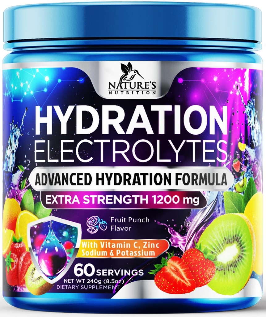 Hydraation Elektrolyyttijauhe 1200 mg - Päivittäin nestemäinen Replenisher Drink Mix - Elektrolyytti Kertoo mineraalit, kaliumin ja todellisen suolan, Keto, ei-GMO - Tasty Fruit Flavor Electrolytes - 60 tarjoilut