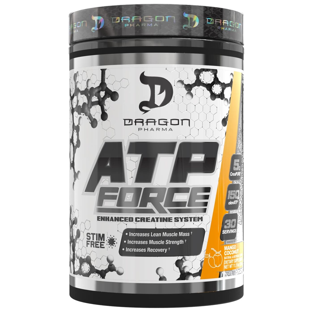DRAGON PHARMA ATP Force Enhanced Creatine System, Stim-Free, Öka Lean Muscle Mass & Recovery, 5 Grams of CreaPure, förbättrar blodflödet (30 portioner, Mango Coconut)
