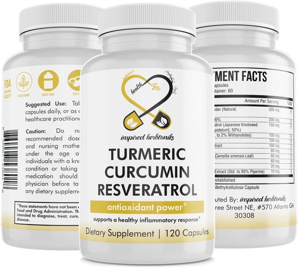 Turmeric Curcumin Resveratrol Nutritional Supplement, antioksidantti ominaisuudet, tukee hyvää tulehdusta ja immuunijärjestelmää, 120 vegan kapselia
