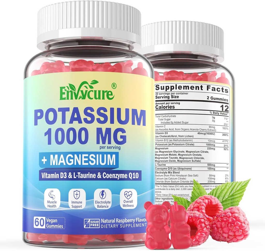 Kalium Supplement Gummies - 1000 mg Kaliumsitraatti magnesium Complex / Glycinate / Sitrate, Coq10, L-Tauriinia, B12,D3
