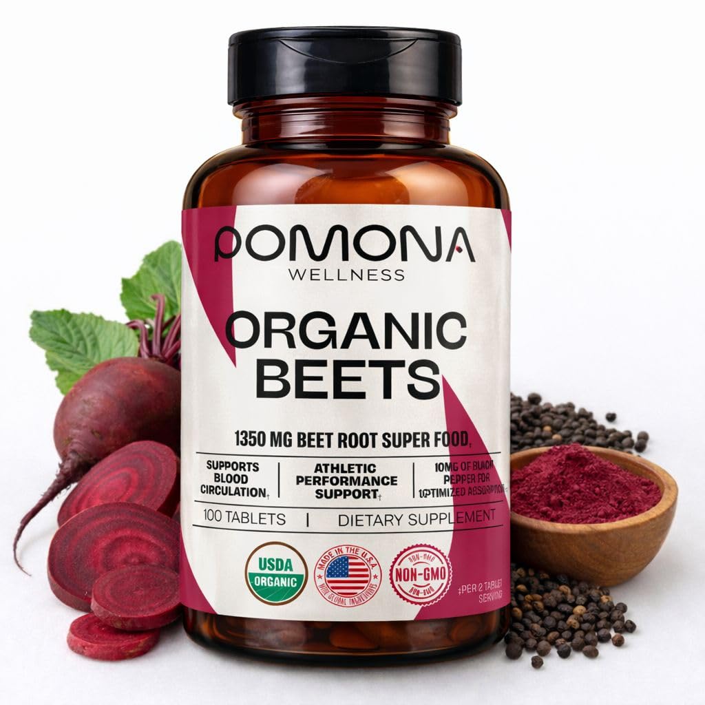 Pomona Wellness Beetroot Supplement Powder 1350mg, tukee verenpaine, sydämen terveys, verenkierto, energia & urheilullinen suorituskyky, USDA Organic, ei-GMO, Vegan, 100 tablettia