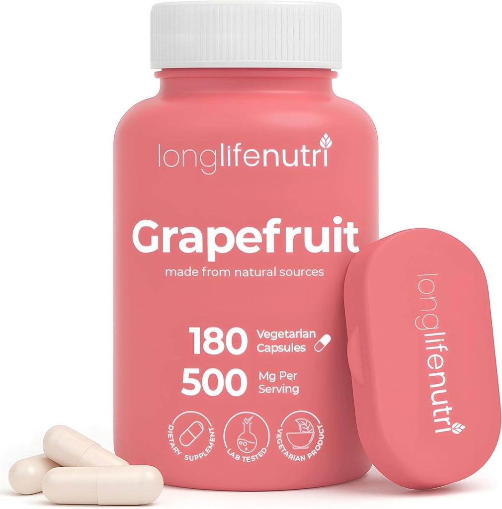 Grapefruit Seed Extract 500mg - härrör från Citrus Paradisis, 180 vegetariska kapslar, organisk Naringin Supplement för daglig energi och balans, 6-månaders leverans, GMP Certified, Made in USA