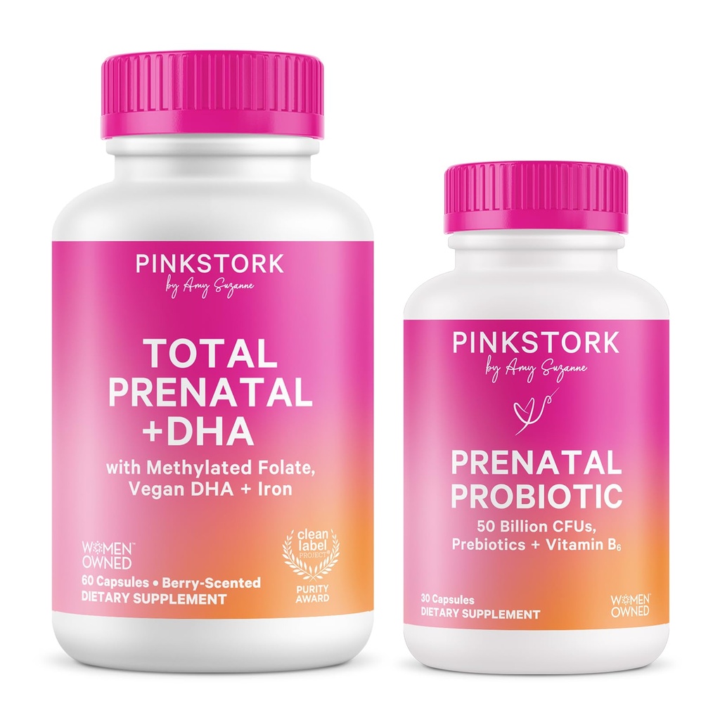 Vaaleanpunainen Stork Prenatal Vitamiini Duo: Prenatal Vitamiinit ja Probiootit raskaana oleville naisille -Morning Sairaus ja sikiön kehitys Tuki DHA, Folaatti, B6-vitamiini ja enemmän - 2 Tuotteet, 90 kapselia