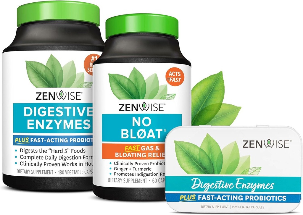 Zenwise Health Dgestive Enzymes, No Bloat, ja ilmainen Travel Tin kanssa Probiootit digestiivinen ja Gut Health .