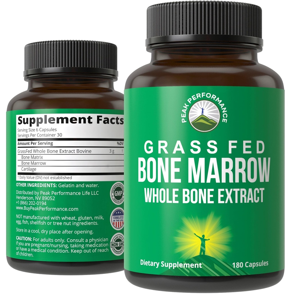 Peak Performance Grass Fed Bone Marrow - koko luun uute täydentää 180 kapselia Superfood pillereitä Rikas Collagen, vitamiinit, ja Aminohapot. Bone Matrix, Marrow, Cartilage. Esi-ikäiset tabletit