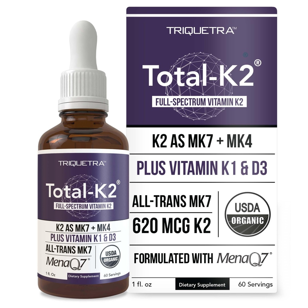 Yhteensä K2® ... K2-vitamiini MK7 & MK4 ... Plus K1 & D3-vitamiini Cofactor - 620 mcg K2 per Serving - All-Trans MK7 alkaen MenaQ7® - Full- Spectrum-vitamiini K - Vegan, Organic Certified (Liquid 1 oz)