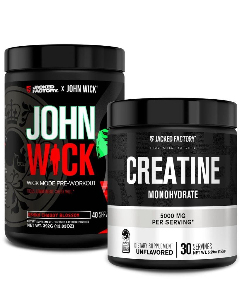 Jacked Factory X John Wick - Wick Mode Pre Treenout Powder (Osaka Cherry Blossom, 40 Servings) & Creatiini Monohydraatti Powder (Aromiton, 30 tarjoilua)