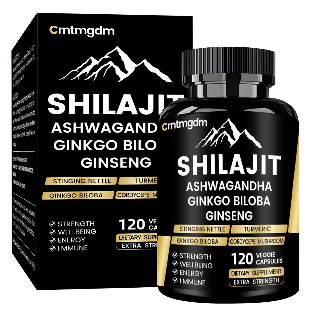 Shilajit Capsules - 20.000mg Pure Himalayan Organic Shilajit för Män & Kvinnor med Ashwagandha, Stöder Vitalitet och Wellness, Premium Shilajit Pure Himalayan Supplement, 120 kapslar
