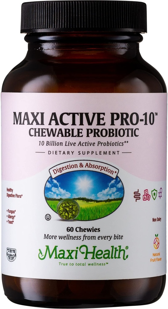 Maxi Health Active Pro-10 Kids Probiootti Pureskelee ... 15 Kantaa Ruoansulatus- ja immuuniterveyteen...10 Miljardia probioottista Blend- Dairy-Free, Kosher... tukee Gut Health, kasvissyöjä 60 ct (Shelf Stable)