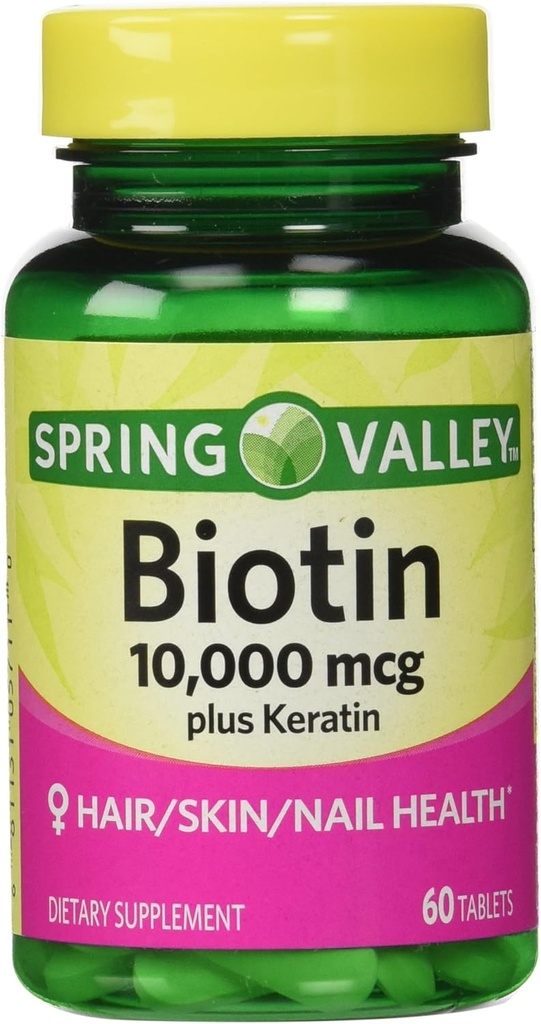 Spring Valley Biotin ravintolisä, 10 000 Mg 100 Mg Keratin, 60 tablettia