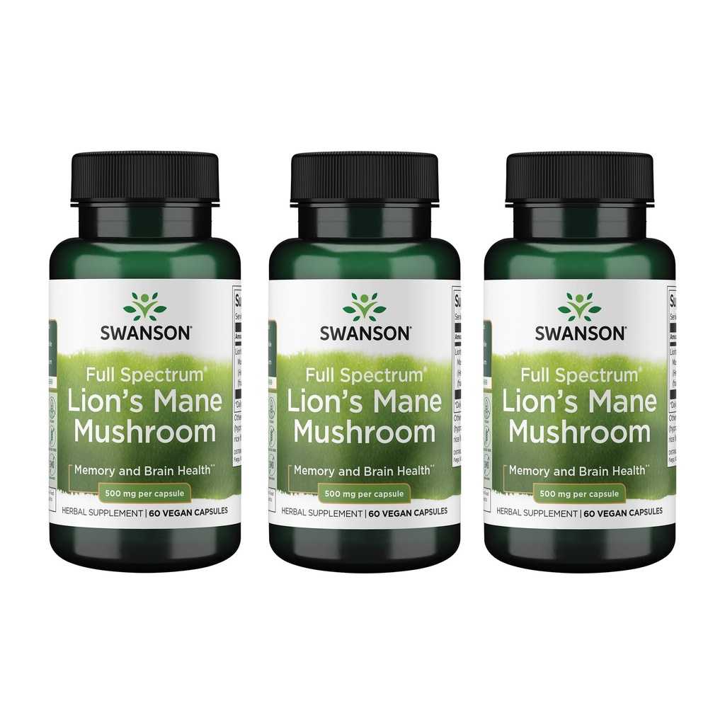 Swanson Lion's Mane Mushroom - Perinteinen aivojen Booster Supplement valmistettu Hericium Erinaceus (60 kapselia, 500 mg Each) 3 pakkaus