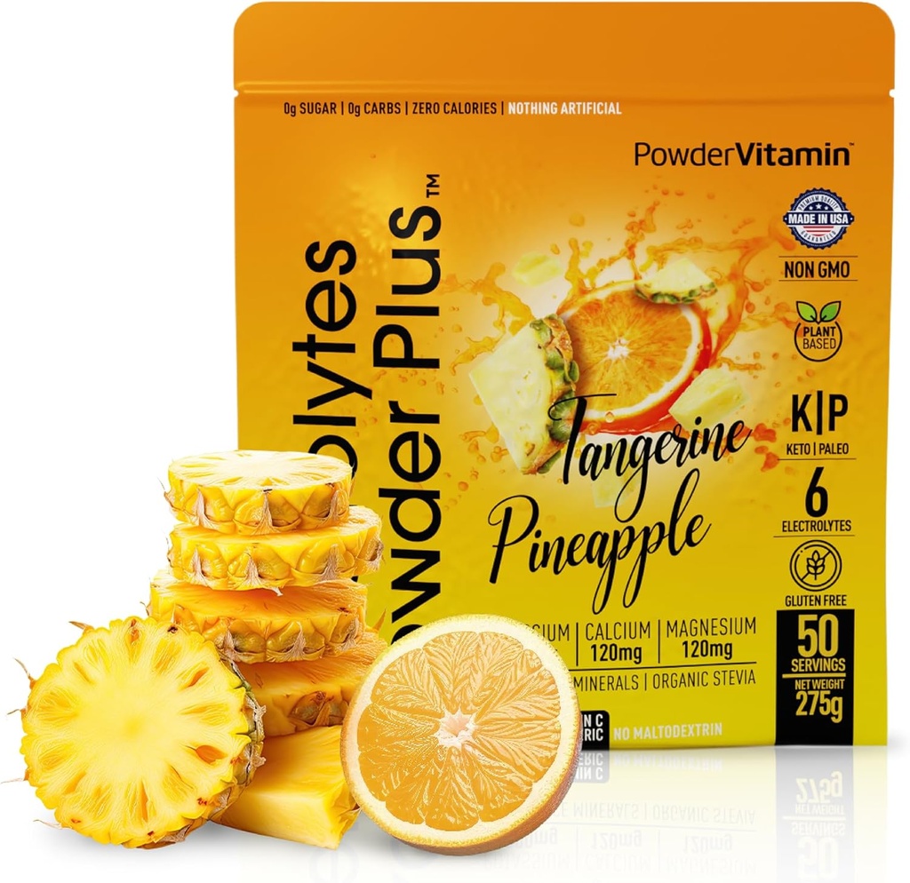 PowderVitamin Electrolytes Powder Plus (50 portioner) Tangerine Pineapple Electrolyte Powder 0 Calorie Keto, 0 Sugar, No Maltodextrin,1000mg Potassium,120mg Calcium,120mg Magnesium, Hydration Powder