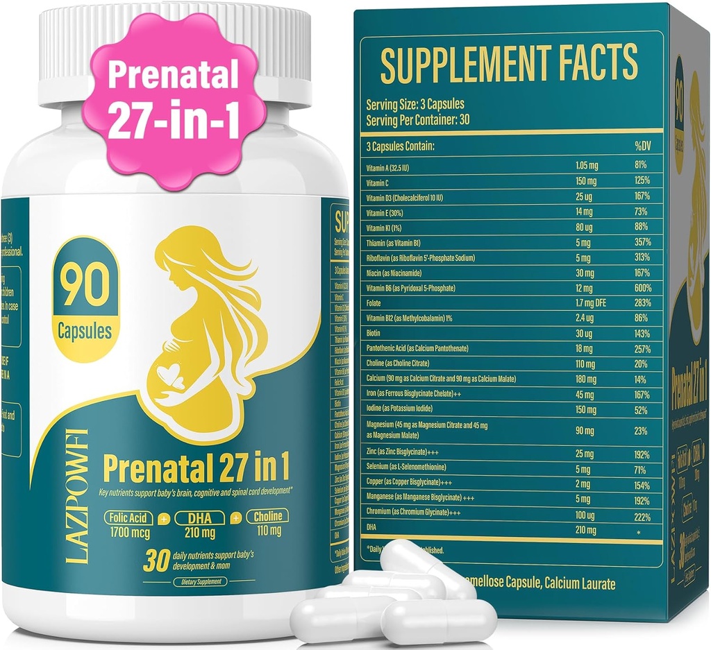 Prenatal vitaminer för kvinnor postnatal multivitamin med folsyra DHA-kolin för gravida och amning kvinnor Niacinamide Biotin och mineraler 27 i 1 Supplement 90 kapslar-30 portioner