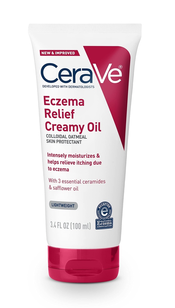 CeraVe Ekseema Relief Creamy Body Oil, Ekseema Calming Cream Kolloidinen kaurapuuroa ja safloriöljyä kuiva iholle ja kutiava iho, Steroiditon & Paraben vapaa, 3.4 Ounce