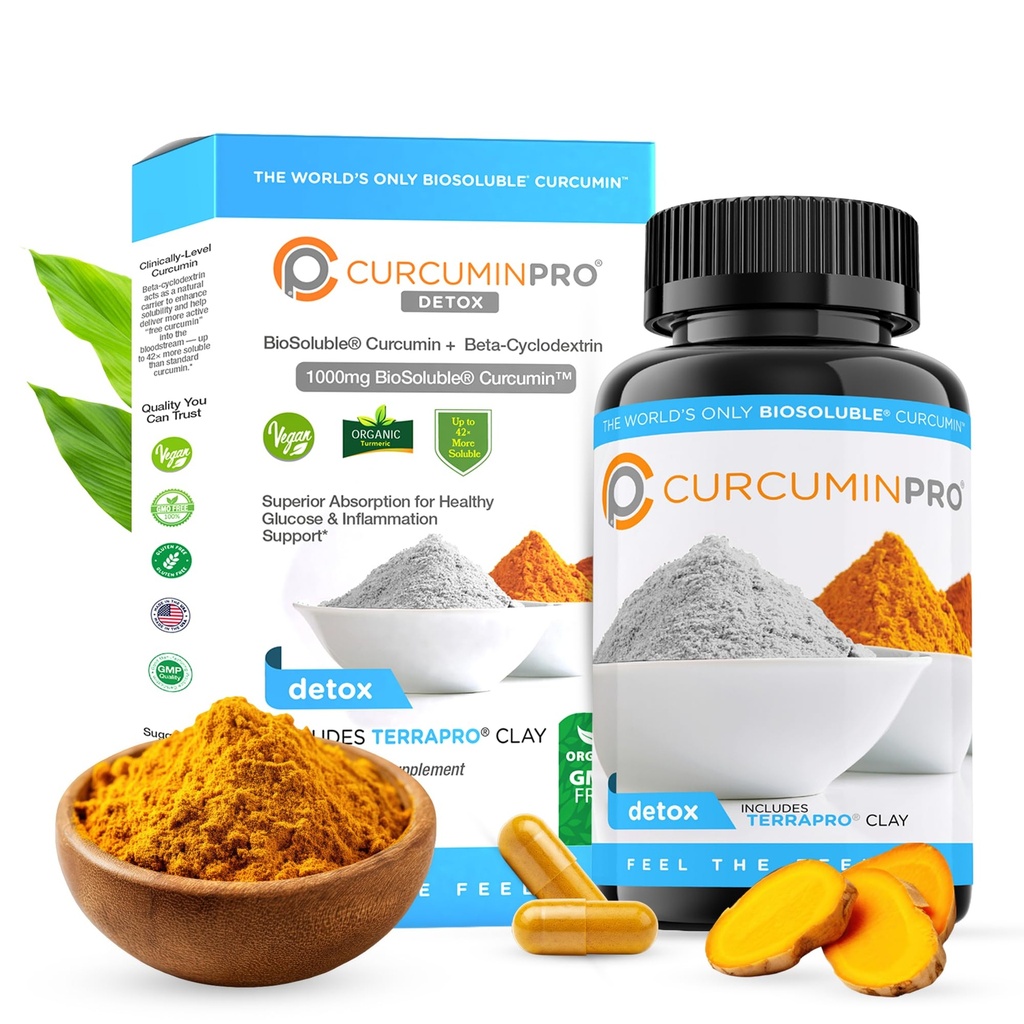 curcuminpro Detox Capsules | Organic Turmeric Supplement med BioSoluble BCD & Natural Bentonite Clay | Hög Absorption Vegan Curcumin Blend för Gut och Heart Wellness | 60 Count