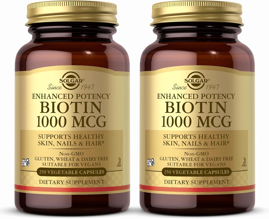 Solgar Biotin 1000 mikrog, 250 kasviskapselia (pakkaus 2) - Tukee tervettä ihoa, kynsiä ja hiuksia - energian aineenvaihduntaa - Tehostettu - Ei-GMO, Vegaani, Gluteeniton, Maitotuotteeton, Kosher - 500 tarjoilua