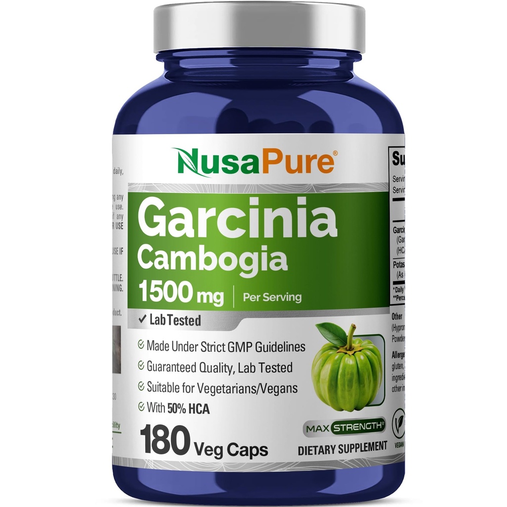 NusaPure Garcinia Cambogia 180 Kasviskapselit 1500 mg (kasvissyöjä, ei-GMO, Vegan)