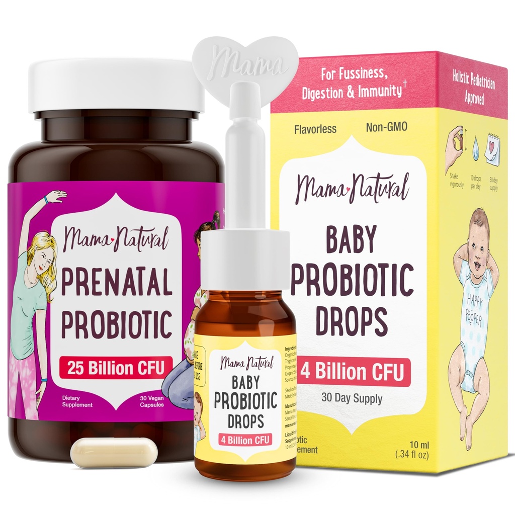 Mama Natural Prenatal Probiootti & Baby Probiootti Drops Bundle Gut, Vaginal & Immuuni tuki äidille + Ruoansulatuskanavana vauvalle Imeväisten probiootit ...