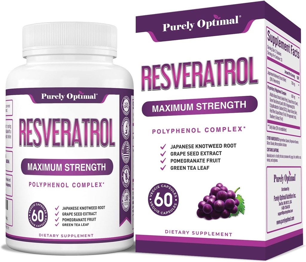 Rent Optimal Resveratrol Supplement 1500mg - Trans-Resveratrol från japanska Knotweed, Polyphenol Complex - Stöder Graceful Aging, Vitality, Kognitiv och hudhälsa - 60 Vegan kapslar