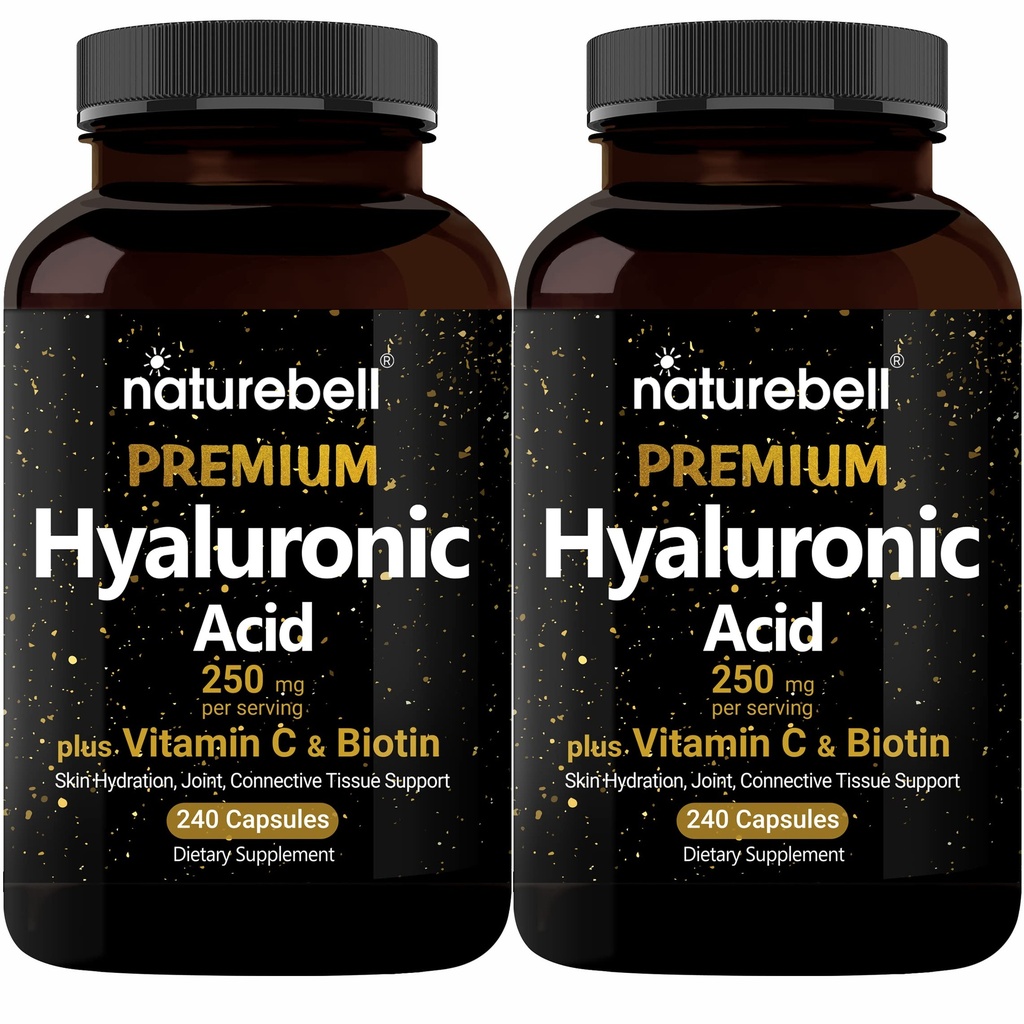 NatureBell 2 Pack kasvi perustuu hyaluronihappo täydentää 250 mg 25 mg C-vitamiinia & Biotiini 5000 mcg, 480 Kokonaiskapselit ...