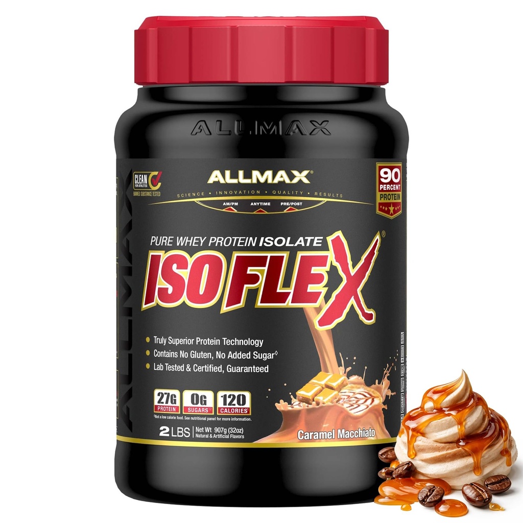ALLMAX Nutrition ISOFLEX Heraproteiini-isolaatti, karamel Macchiato - 2 lb - 27 grammaa proteiinia per scoop - nolla rasvaa ja sokeria - 99% laktoositon - gluteeniton & soijaton - Arvioitu 30 annosta