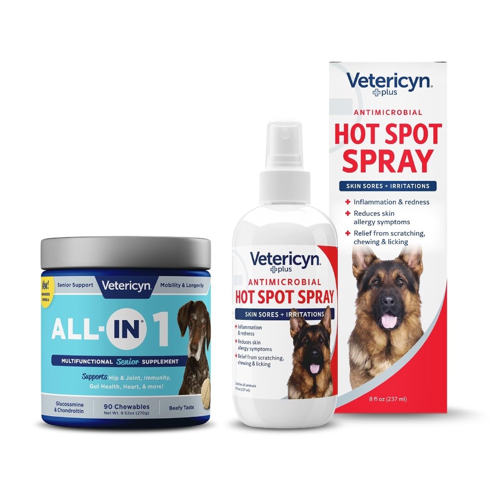 Vetericyn All-in 1 Multifunktionell Senior Dog Supplement med Glukosamin och Vetericyn Plus Hot Spot Spray