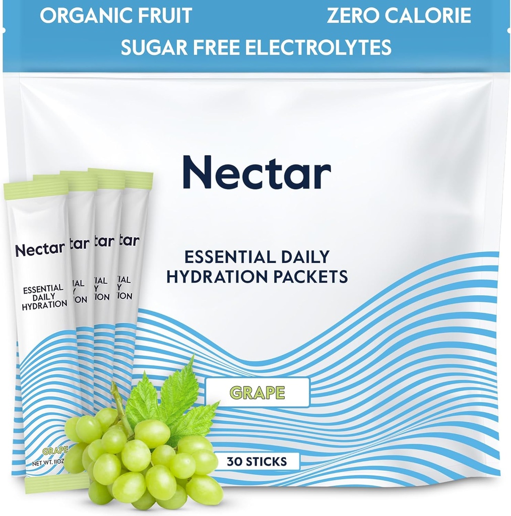 Nectar Hydration Packets - Electrolytes Powder Packets - Sugar Free & 0 Calorie - Organic Fruit Liquid Daily IV Electrolytes Powder för Dehydration Relief & Rapid Rehydration (Grape 30 Pack)