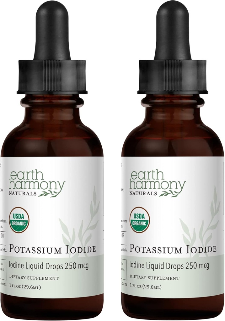 USDA Organic Potassium Iodide 250 mcg Liquid Supplement 2-Pack (1-År Supply) - Stöder Thyroid Gland och hjälper Exponering och låga nivåer av jod - Mer biotillgängliga än tabletter, piller - 1 Fl Oz