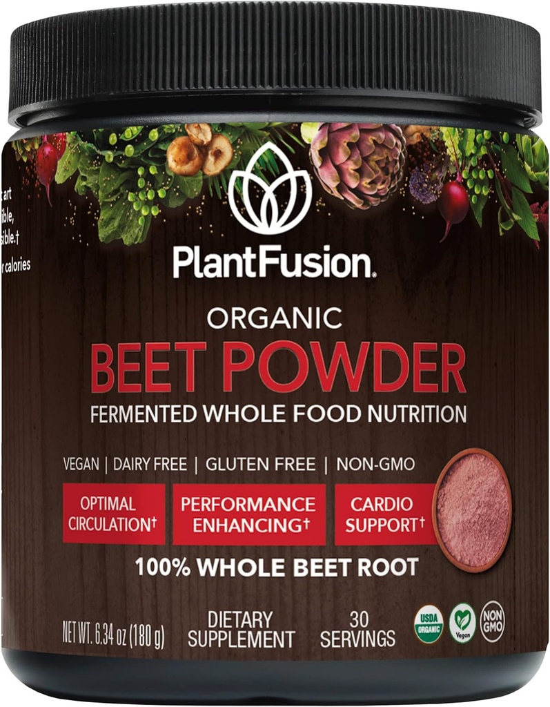 Plantfusion Organic Beet Root Powder - Superfood Beet Supplement för att stödja blodflöde och cirkulation - Fermented Whole Food Nutrition - Non-GMO, Vegan, Gluten-Free, 6,34 uns 30 portioner