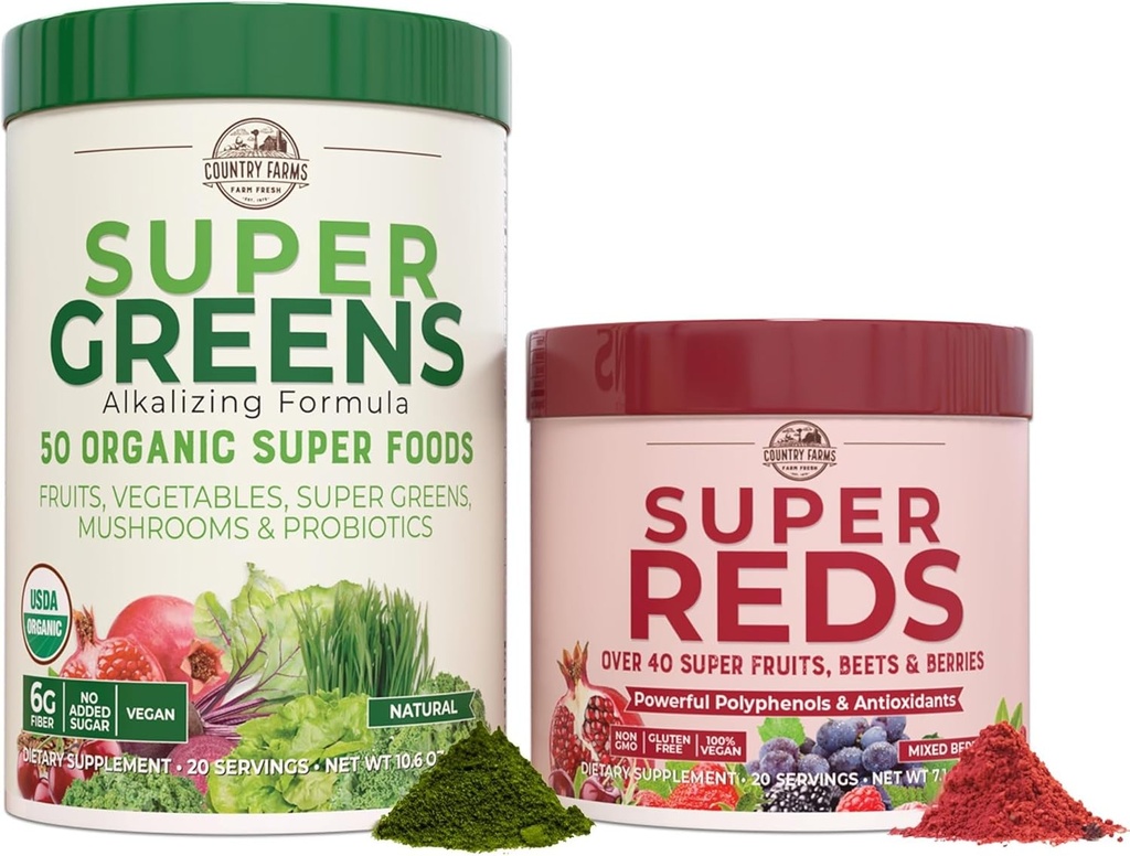 COUNTRY FARMS Essential Pack, Super Greens Powder och Super Reds, packad med 50 Organiska Super Foods och 40 Super Fruits, Natural Energy, Bloating Support, Osmaked & Berry Flavor, 17,7 oz, 2 Pack